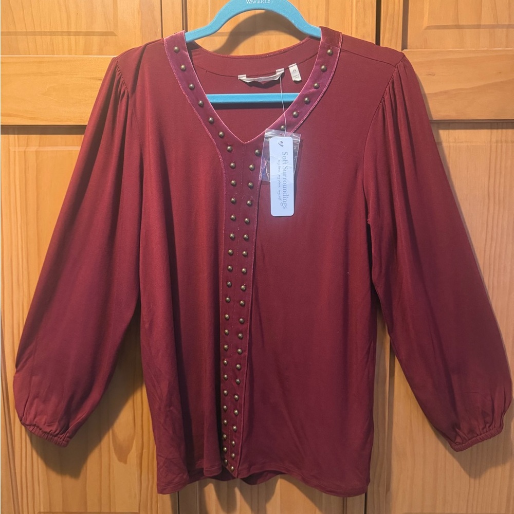 Soft Surroundings Burgundy V‑Neck Long Sleeve Top with Stud Trim
